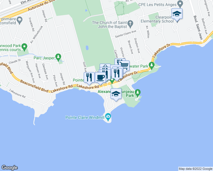 map of restaurants, bars, coffee shops, grocery stores, and more near 290 Chemin du Bord-du-Lac-Lakeshore in Pointe-Claire
