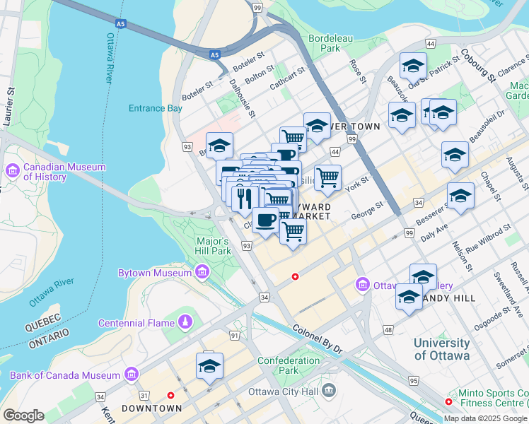 map of restaurants, bars, coffee shops, grocery stores, and more near 47 Clarence Street in Ottawa