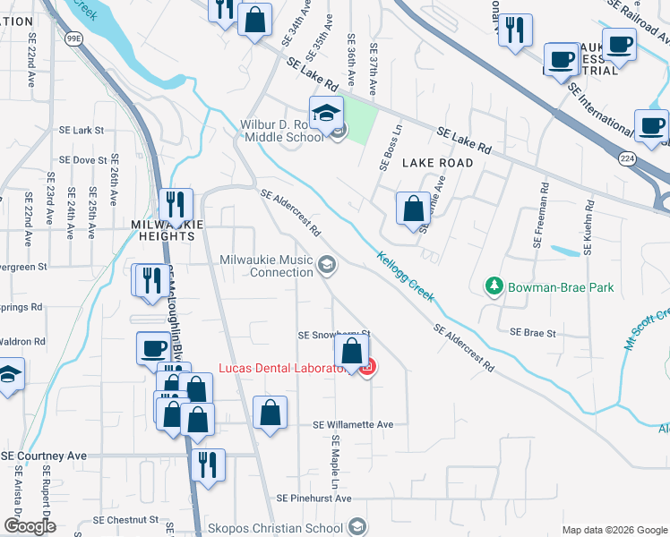 map of restaurants, bars, coffee shops, grocery stores, and more near 3550 Southeast Aldercrest Road in Milwaukie