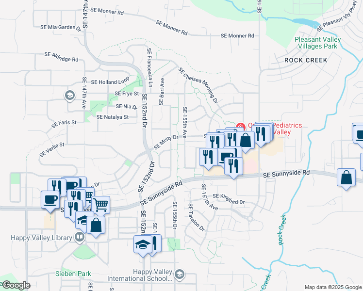 map of restaurants, bars, coffee shops, grocery stores, and more near 12823 Southeast 155th Avenue in Happy Valley