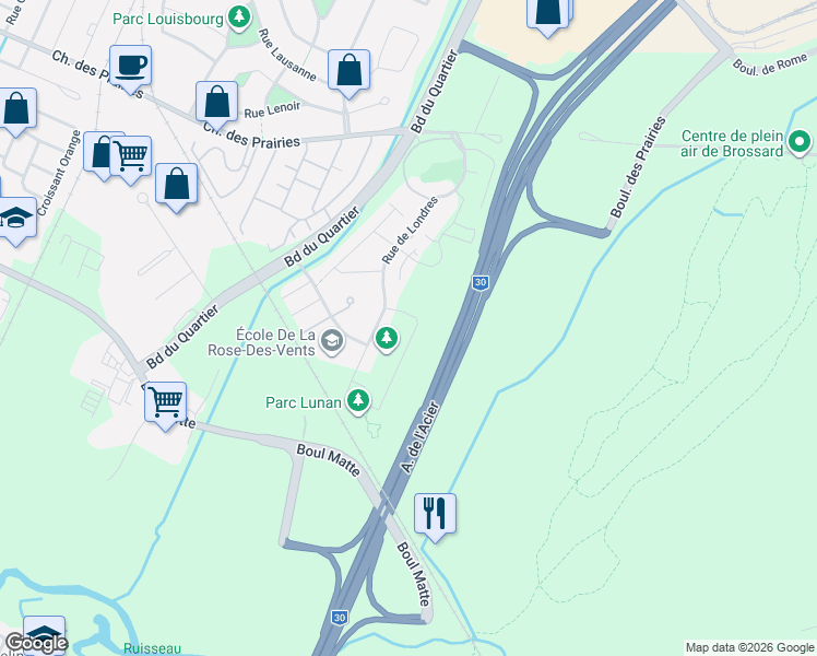 map of restaurants, bars, coffee shops, grocery stores, and more near 7160 Rue de Lunan in Brossard