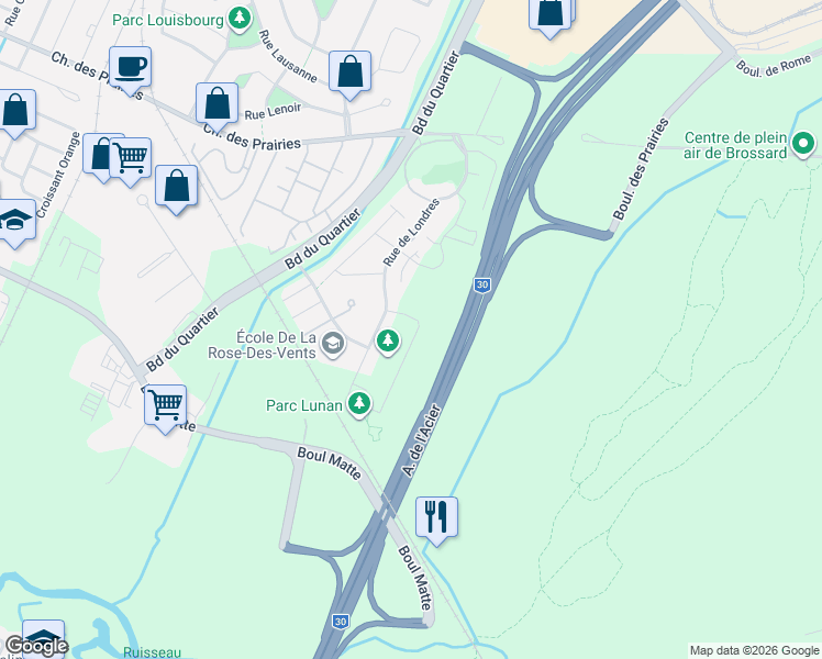map of restaurants, bars, coffee shops, grocery stores, and more near 7150 Rue de Lunan in Brossard
