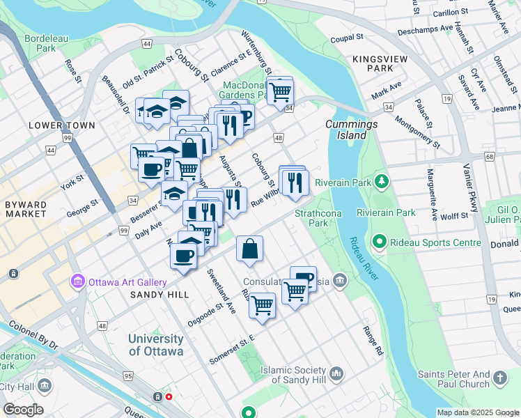 map of restaurants, bars, coffee shops, grocery stores, and more near 400 Rue Wilbrod Street in Ottawa