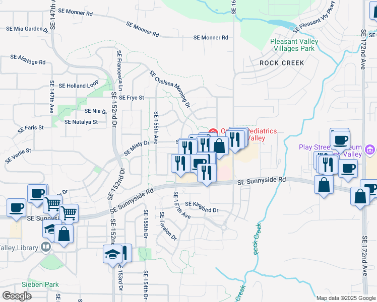 map of restaurants, bars, coffee shops, grocery stores, and more near 15826 Southeast Misty Drive in Happy Valley