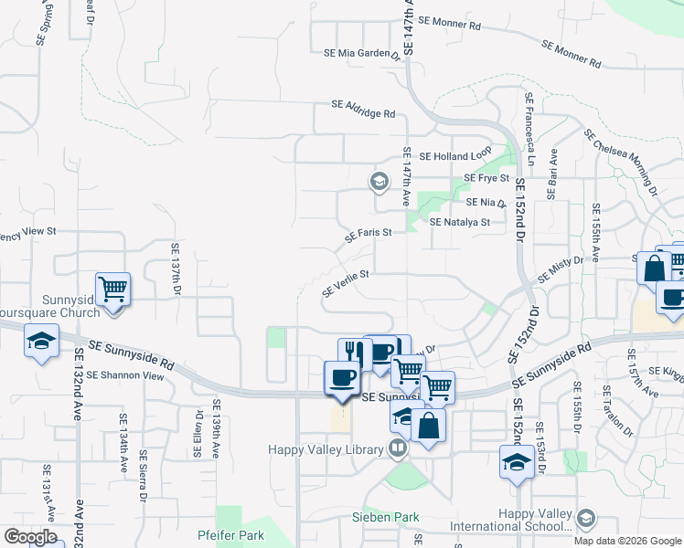 map of restaurants, bars, coffee shops, grocery stores, and more near 12500 Southeast Verlie Street in Happy Valley