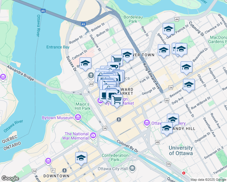 map of restaurants, bars, coffee shops, grocery stores, and more near 11 William Street in Ottawa