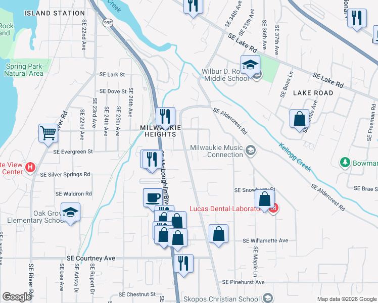 map of restaurants, bars, coffee shops, grocery stores, and more near 12921 Southeast Oatfield Road in Milwaukie