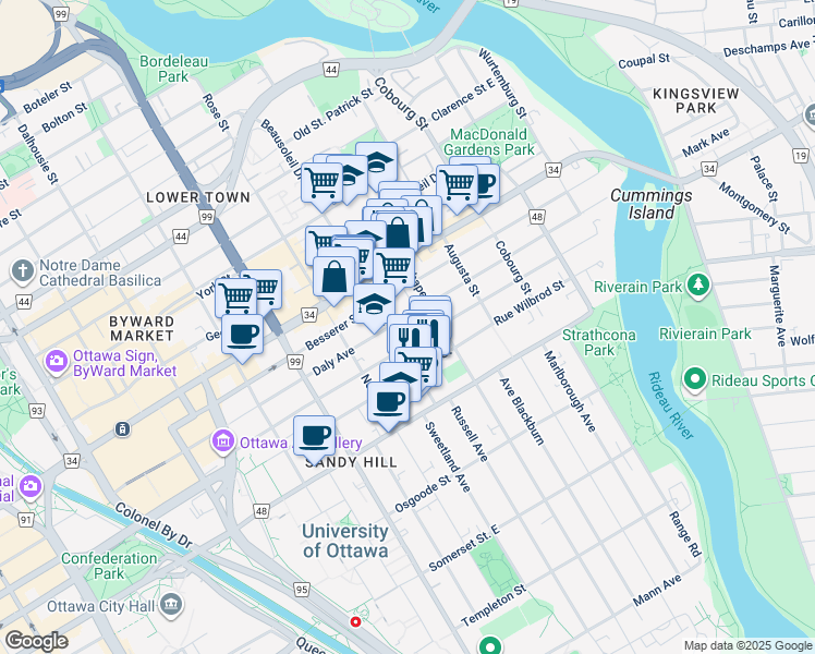 map of restaurants, bars, coffee shops, grocery stores, and more near in Ottawa