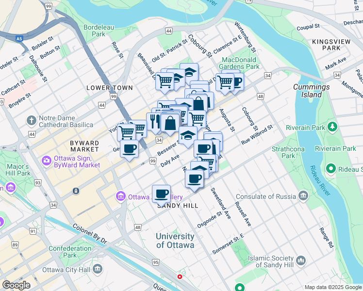 map of restaurants, bars, coffee shops, grocery stores, and more near 320 Besserer Street in Ottawa