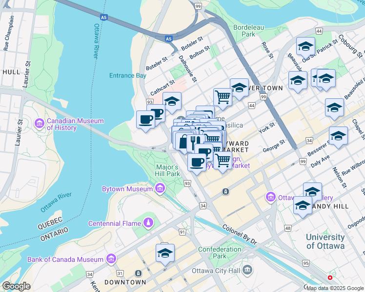 map of restaurants, bars, coffee shops, grocery stores, and more near 445 Sussex Drive in Ottawa