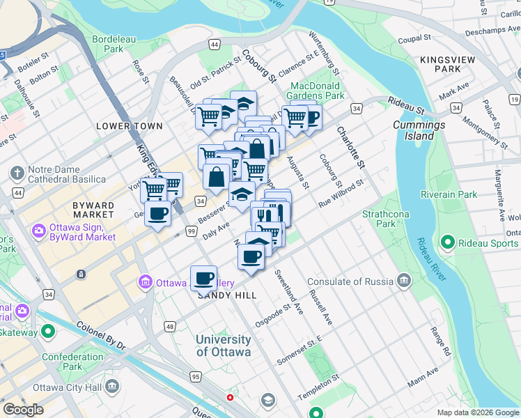 map of restaurants, bars, coffee shops, grocery stores, and more near 256 Daly Avenue in Ottawa