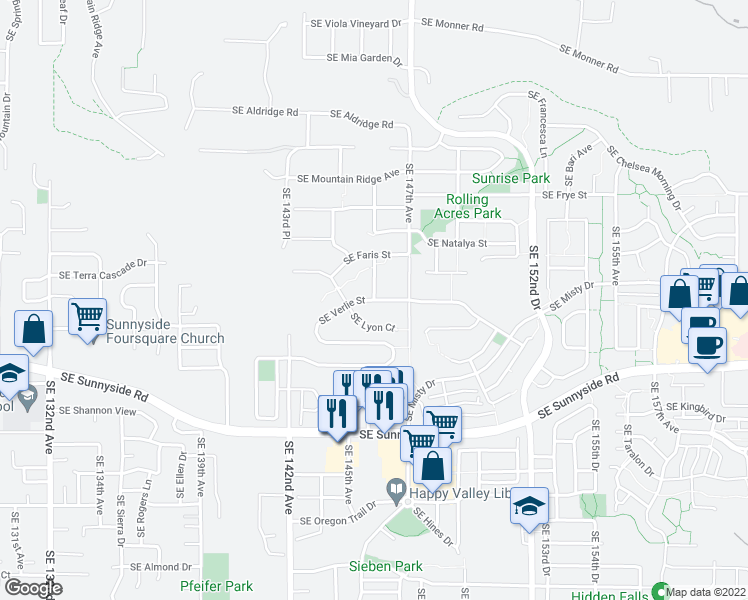 map of restaurants, bars, coffee shops, grocery stores, and more near 12500 Southeast Verlie Street in Happy Valley