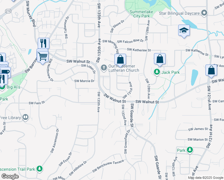 map of restaurants, bars, coffee shops, grocery stores, and more near 12612 Southwest 133rd Avenue in Tigard