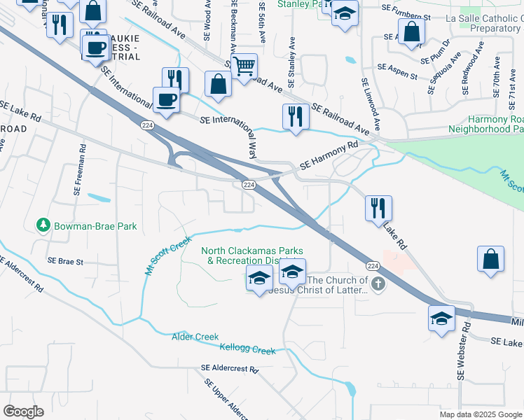map of restaurants, bars, coffee shops, grocery stores, and more near 5682 Southeast Kayla Court in Milwaukie