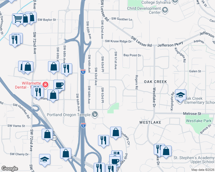 map of restaurants, bars, coffee shops, grocery stores, and more near 13375 Southwest 62nd Avenue in Portland