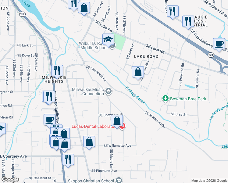 map of restaurants, bars, coffee shops, grocery stores, and more near 3550 Southeast Aldercrest Road in Milwaukie