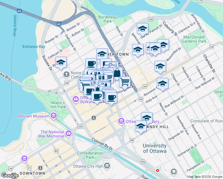 map of restaurants, bars, coffee shops, grocery stores, and more near 130 York Street in Ottawa