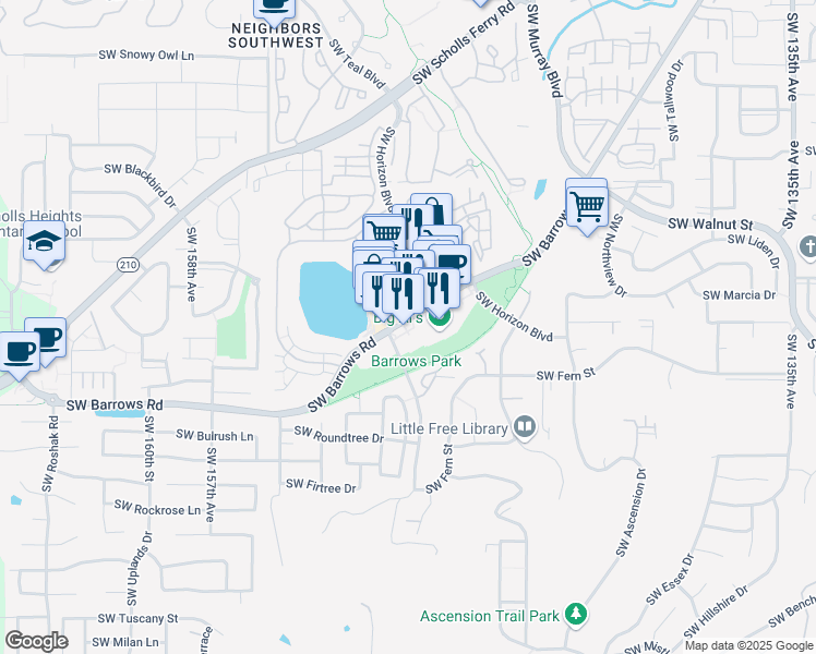 map of restaurants, bars, coffee shops, grocery stores, and more near 15000 Southwest Barrows Road in Beaverton