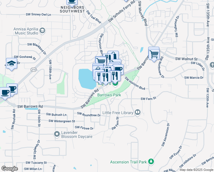 map of restaurants, bars, coffee shops, grocery stores, and more near 15000 Southwest Barrows Road in Beaverton