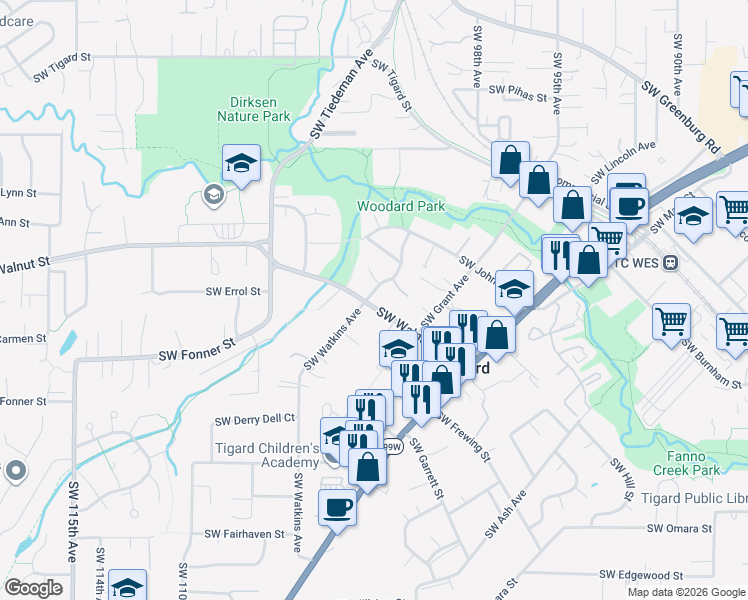map of restaurants, bars, coffee shops, grocery stores, and more near 10275 Southwest Walnut Street in Tigard