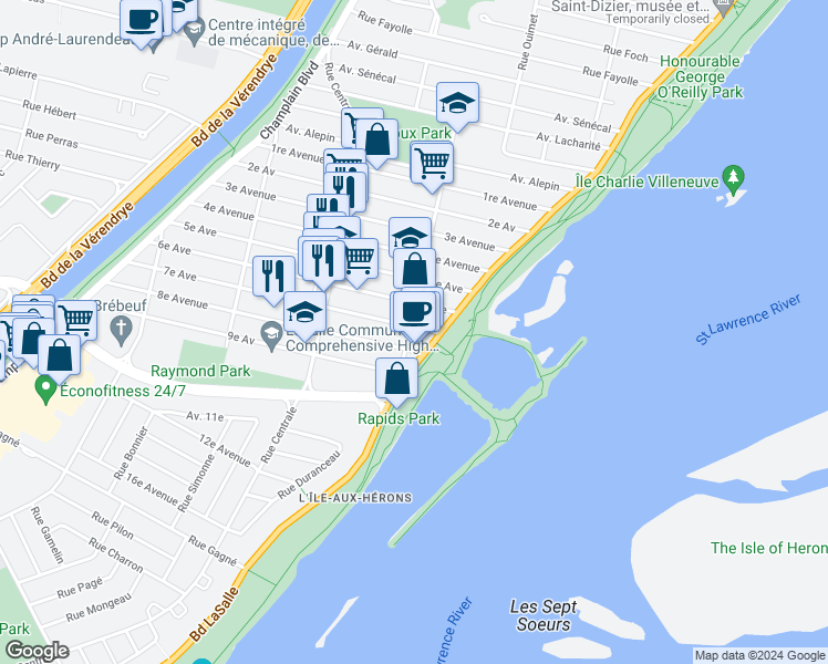 map of restaurants, bars, coffee shops, grocery stores, and more near 7708 Rue Édouard in Montreal