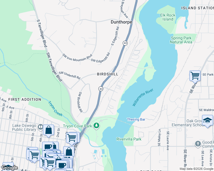 map of restaurants, bars, coffee shops, grocery stores, and more near 49 Southwest Briarwood Road in Lake Oswego