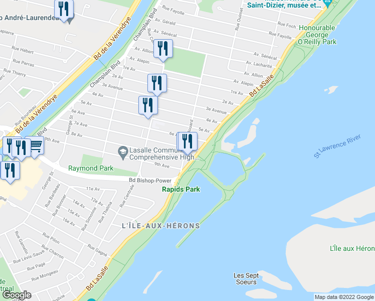 map of restaurants, bars, coffee shops, grocery stores, and more near 7708 Rue Édouard in Montreal