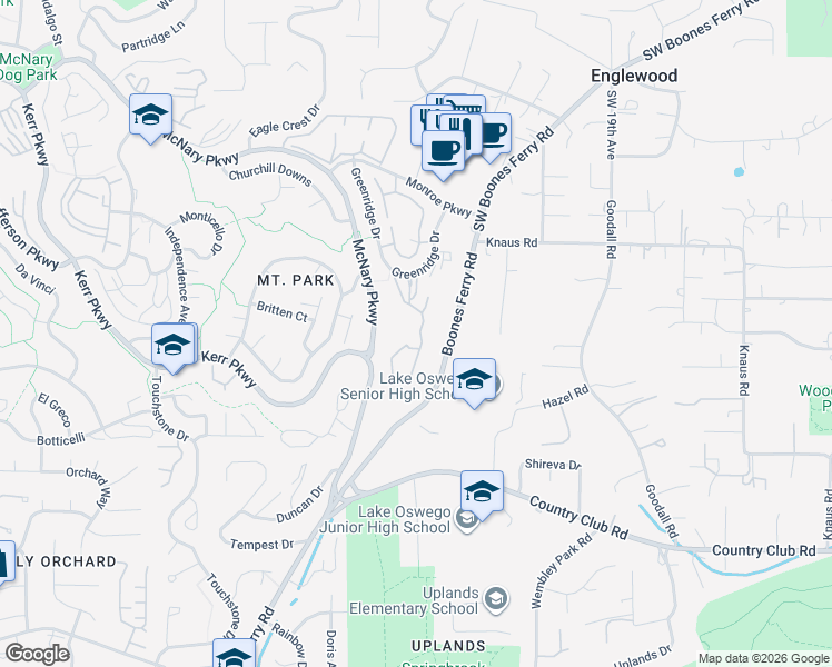 map of restaurants, bars, coffee shops, grocery stores, and more near 200 Greenridge Drive in Lake Oswego