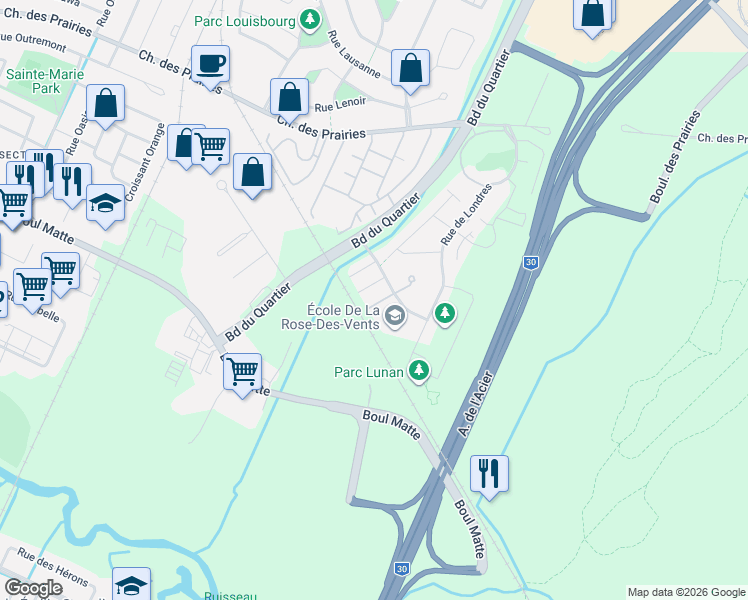 map of restaurants, bars, coffee shops, grocery stores, and more near 4170 Rue De Lea in Brossard
