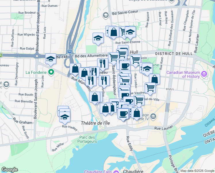 map of restaurants, bars, coffee shops, grocery stores, and more near 56 Rue Gagnon in Gatineau