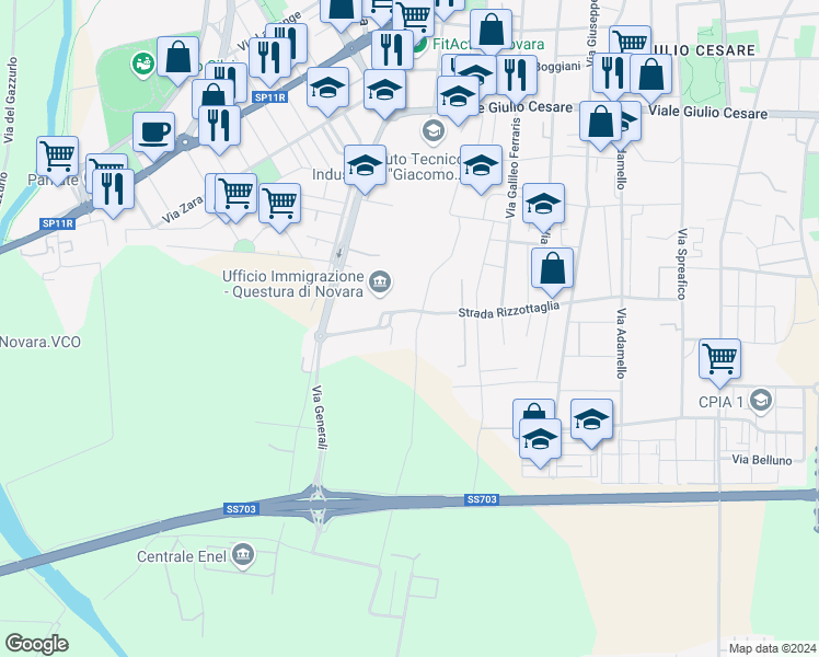map of restaurants, bars, coffee shops, grocery stores, and more near 46 Via Crimea in Novara