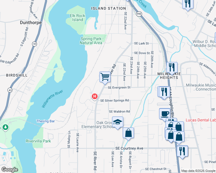 map of restaurants, bars, coffee shops, grocery stores, and more near 2035 Southeast Evergreen Street in Milwaukie
