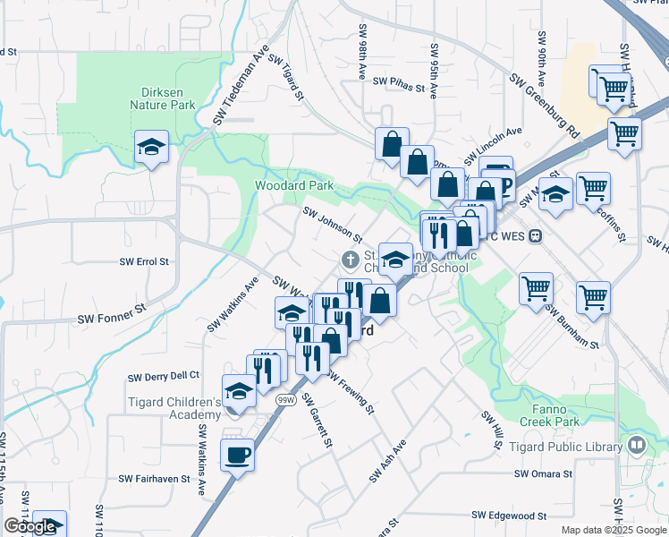 map of restaurants, bars, coffee shops, grocery stores, and more near 12575 Southwest Grant Avenue in Tigard