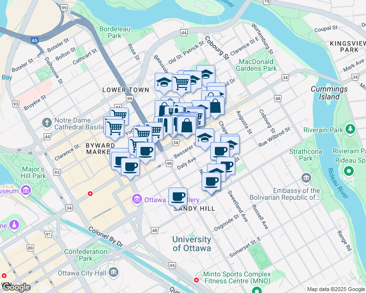 map of restaurants, bars, coffee shops, grocery stores, and more near 220 Nelson Street in Ottawa