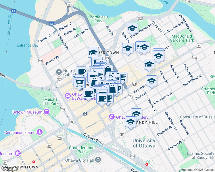 map of restaurants, bars, coffee shops, grocery stores, and more near 380 Cumberland Street in Ottawa