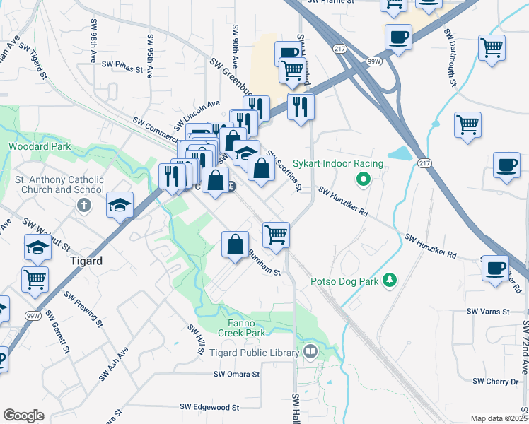 map of restaurants, bars, coffee shops, grocery stores, and more near 8800 Southwest Commercial Street in Tigard