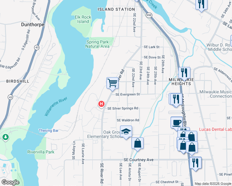 map of restaurants, bars, coffee shops, grocery stores, and more near 2035 Southeast Evergreen Street in Milwaukie