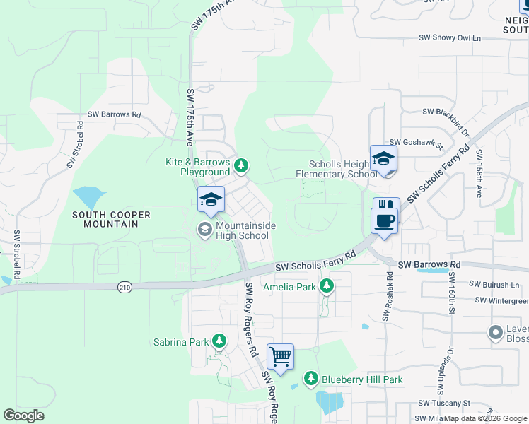 map of restaurants, bars, coffee shops, grocery stores, and more near 17115 Southwest Albatross Lane in Beaverton