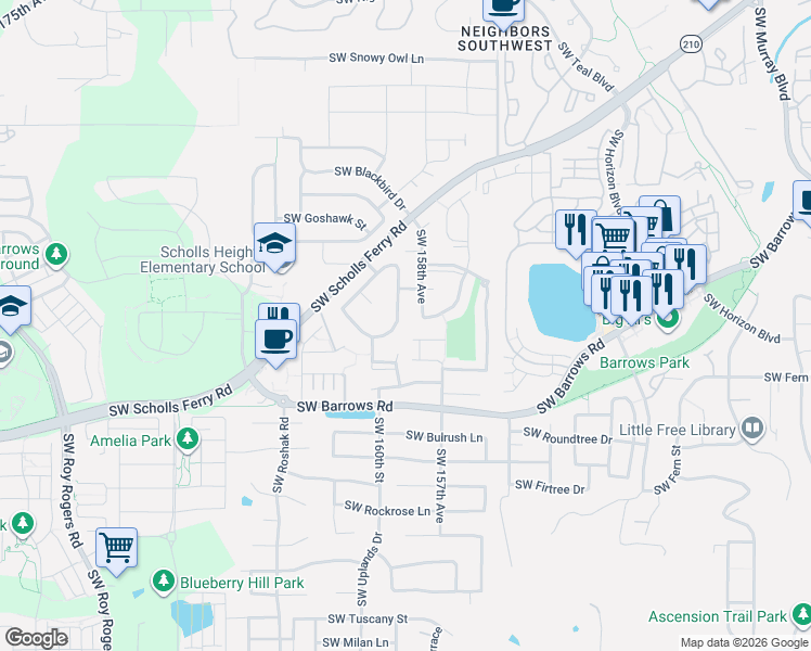 map of restaurants, bars, coffee shops, grocery stores, and more near 12446 Southwest Canvasback Way in Beaverton