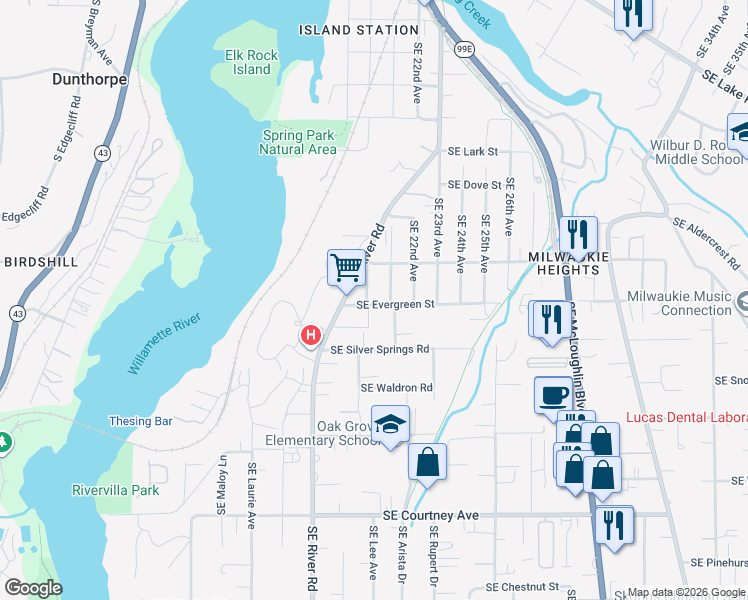 map of restaurants, bars, coffee shops, grocery stores, and more near 2035 Southeast Evergreen Street in Milwaukie