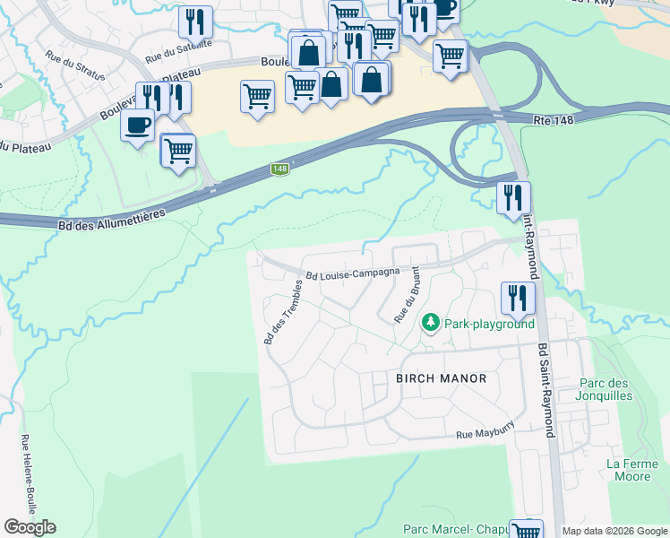 map of restaurants, bars, coffee shops, grocery stores, and more near 120 Boulevard Louise-Campagna in Gatineau