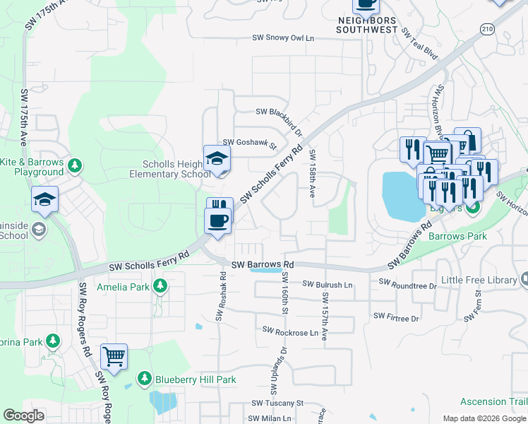 map of restaurants, bars, coffee shops, grocery stores, and more near 12552 Southwest Canvasback Way in Beaverton