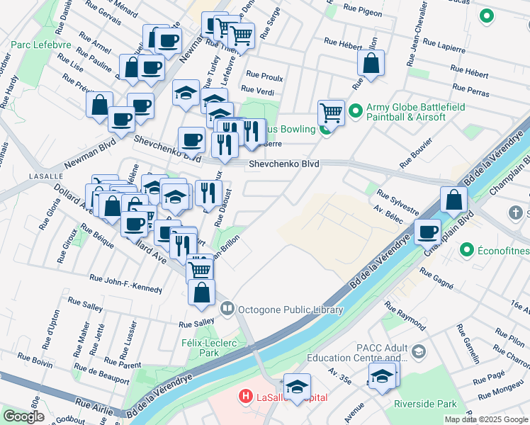 map of restaurants, bars, coffee shops, grocery stores, and more near 8490 Jean Brillon Street in Montreal