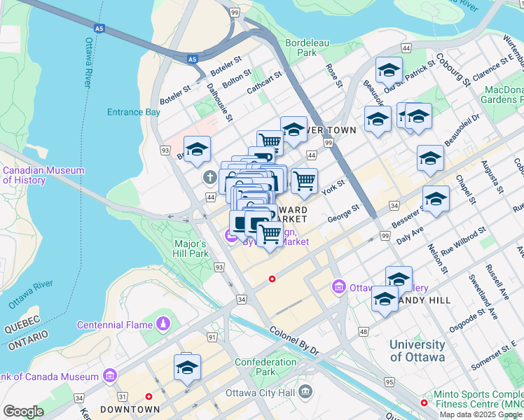map of restaurants, bars, coffee shops, grocery stores, and more near 92 Clarence Street in Ottawa