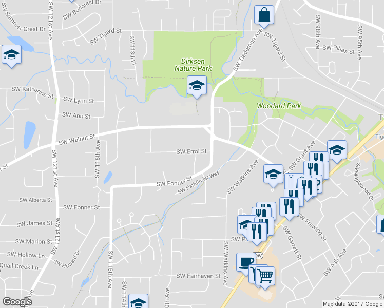map of restaurants, bars, coffee shops, grocery stores, and more near 12573 Southwest 108th Terrace in Tigard