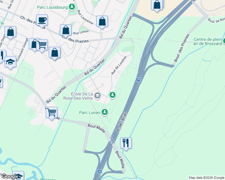map of restaurants, bars, coffee shops, grocery stores, and more near 8345 Rue de Londres in Brossard