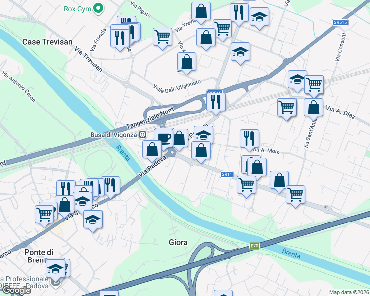 map of restaurants, bars, coffee shops, grocery stores, and more near 63A Via Padova in Vigonza