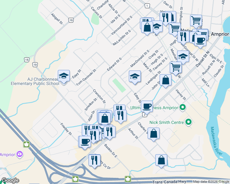 map of restaurants, bars, coffee shops, grocery stores, and more near 241 Wilfred Crescent in Arnprior