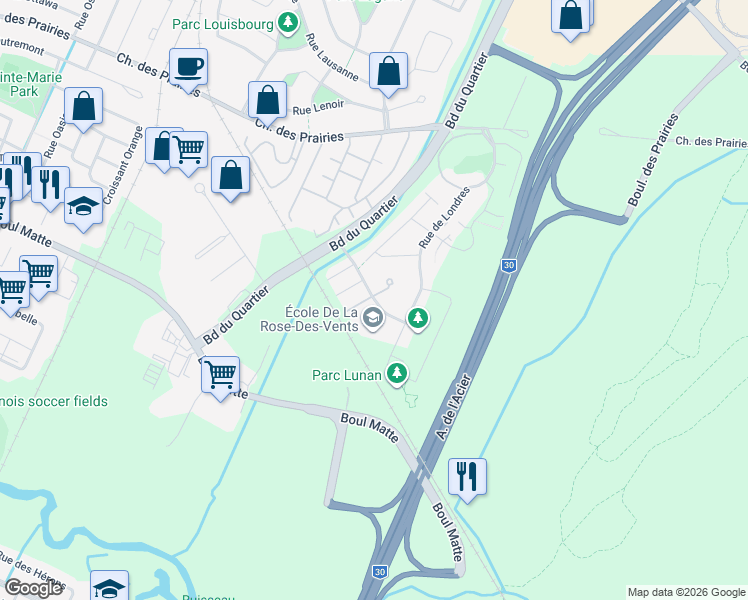 map of restaurants, bars, coffee shops, grocery stores, and more near Rue de Lancaster in Brossard