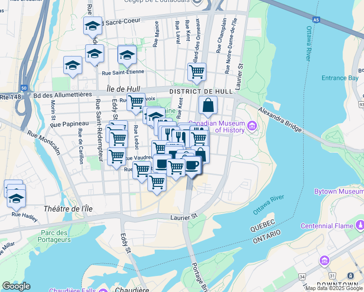 map of restaurants, bars, coffee shops, grocery stores, and more near 25 Rue Victoria in Gatineau
